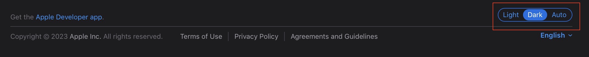 Segmented Control in Apple Developer website (dark mode)